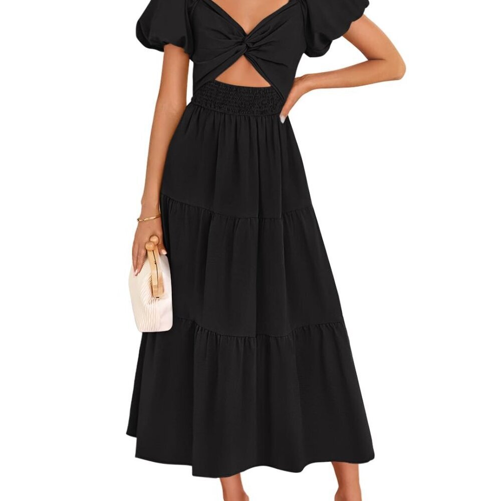 Flowy Maxi Dress Puff Sleeve Smocked Cutout A-Line Boho Chic Summer